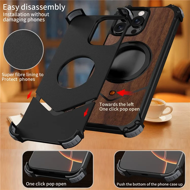 Für iPhone 15 Pro Max Magnetische Hülle mit Holzoberfläche, rahmenloser Rückseite, Ständer und Kickstand - Schwarz