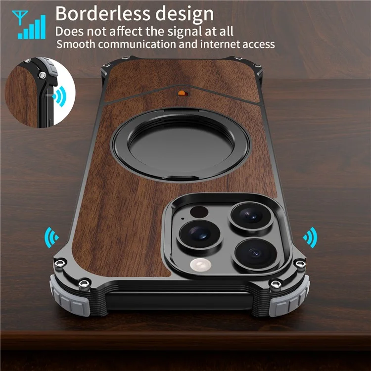 Für iPhone 15 Pro Max Magnetische Hülle mit Holzoberfläche, rahmenloser Rückseite, Ständer und Kickstand - Schwarz