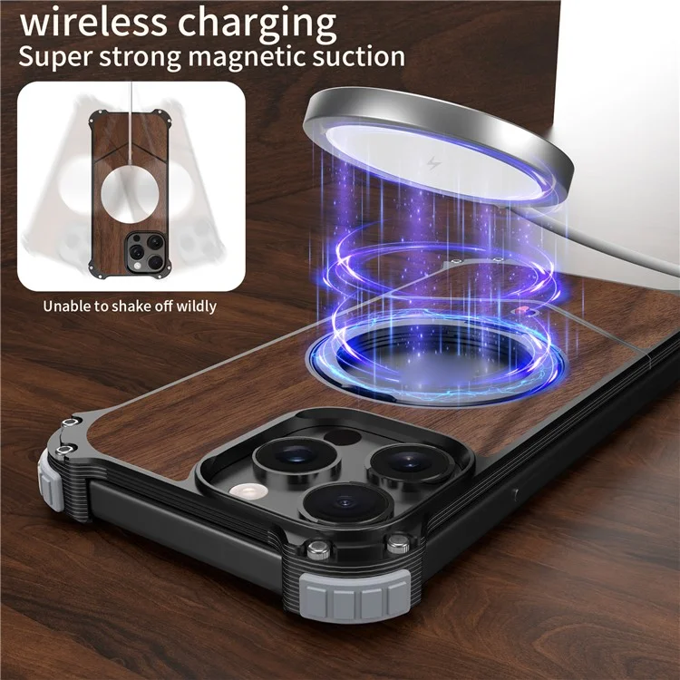 Für iPhone 15 Pro Max Magnetische Hülle mit Holzoberfläche, rahmenloser Rückseite, Ständer und Kickstand - Schwarz