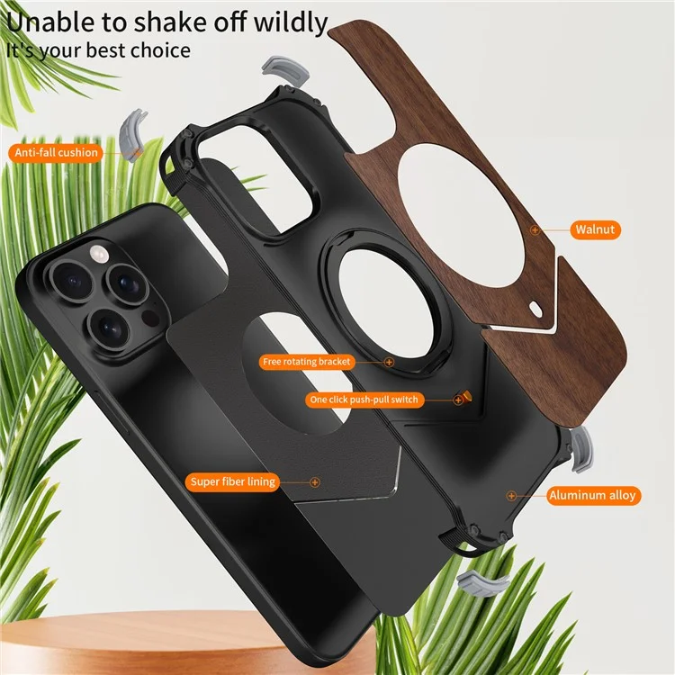 Für iPhone 15 Pro Max Magnetische Hülle mit Holzoberfläche, rahmenloser Rückseite, Ständer und Kickstand - Schwarz