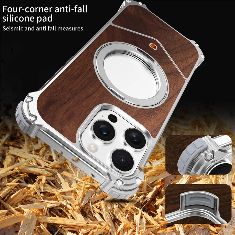 For iPhone 15 Pro Max Magnetic Case Wood Covered Metal Boardless Phone Back Cover with Kickstand - Silver