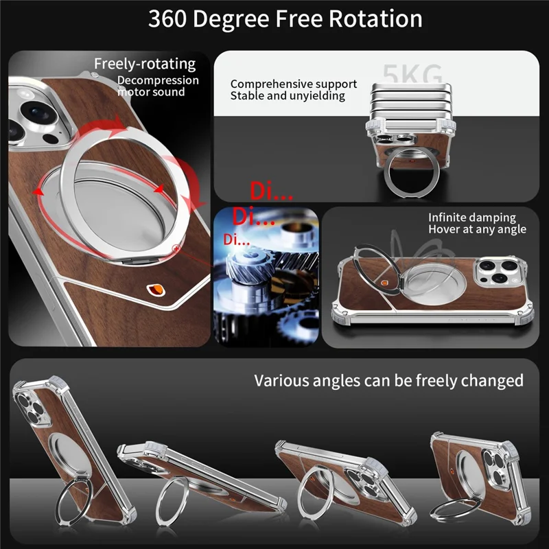 For iPhone 15 Pro Max Magnetic Case Wood Covered Metal Boardless Phone Back Cover with Kickstand - Silver