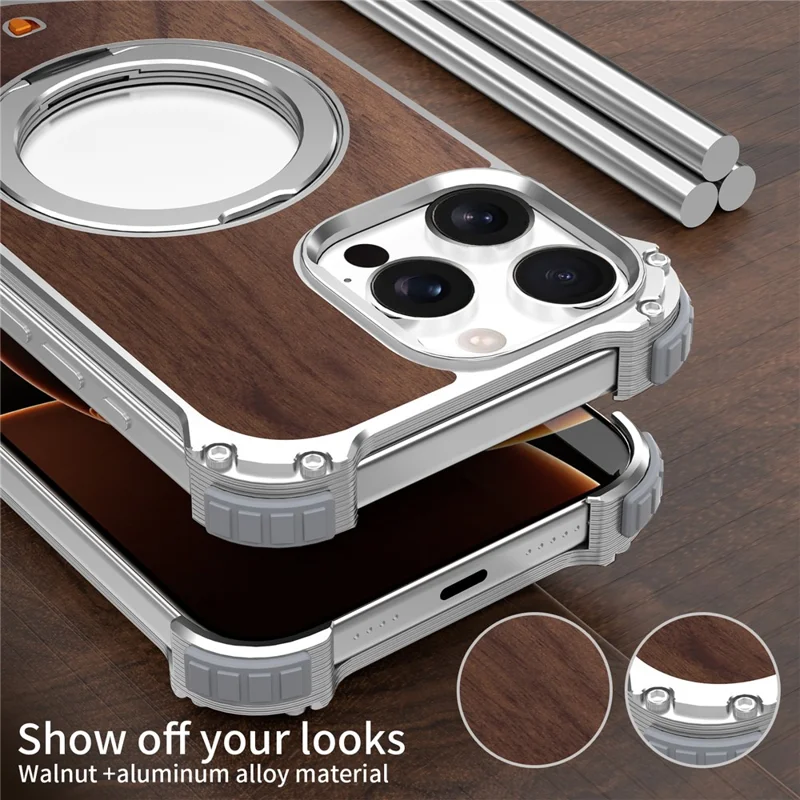 For iPhone 15 Pro Max Magnetic Case Wood Covered Metal Boardless Phone Back Cover with Kickstand - Silver
