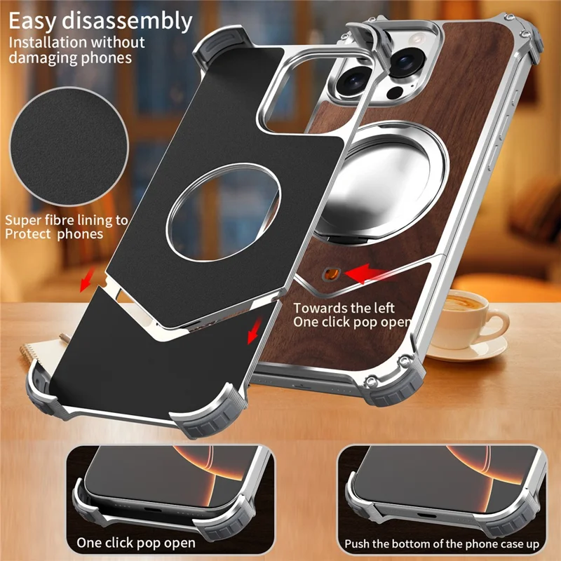 For iPhone 15 Pro Max Magnetic Case Wood Covered Metal Boardless Phone Back Cover with Kickstand - Silver