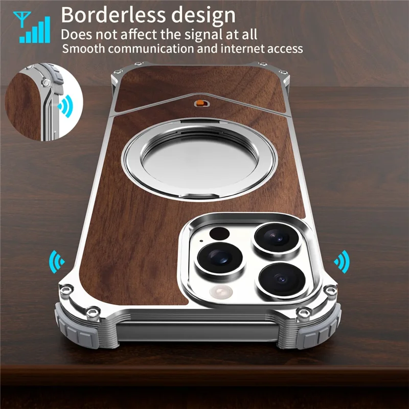 For iPhone 15 Pro Max Magnetic Case Wood Covered Metal Boardless Phone Back Cover with Kickstand - Silver
