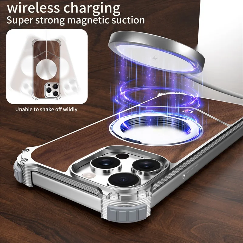 For iPhone 15 Pro Max Magnetic Case Wood Covered Metal Boardless Phone Back Cover with Kickstand - Silver
