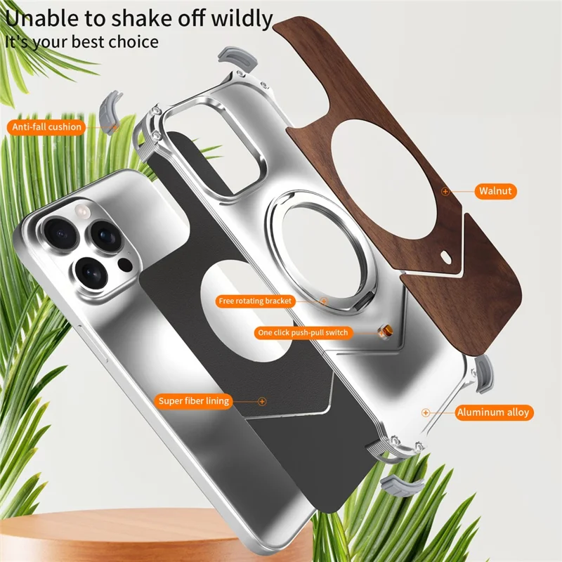For iPhone 15 Pro Max Magnetic Case Wood Covered Metal Boardless Phone Back Cover with Kickstand - Silver