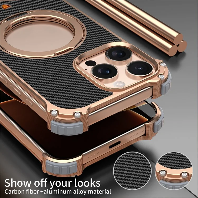 Magnetische Hülle für iPhone 15 Pro Max mit Karbonfaser-Textur, PU + Metallrahmenlos, Rückseite mit Ständer - Gold