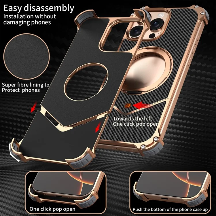Magnetische Hülle für iPhone 15 Pro Max mit Karbonfaser-Textur, PU + Metallrahmenlos, Rückseite mit Ständer - Gold
