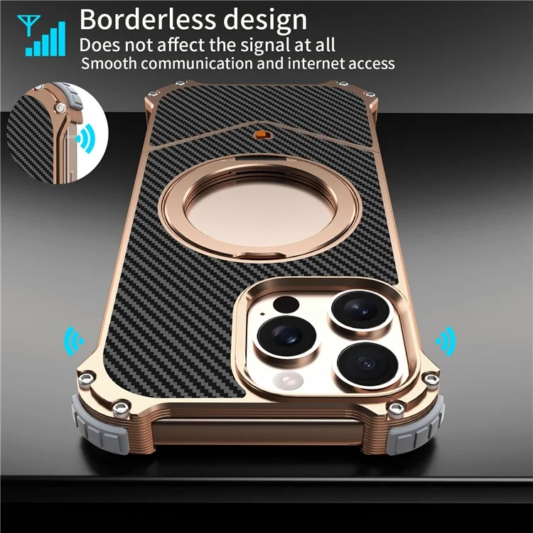 Magnetische Hülle für iPhone 15 Pro Max mit Karbonfaser-Textur, PU + Metallrahmenlos, Rückseite mit Ständer - Gold