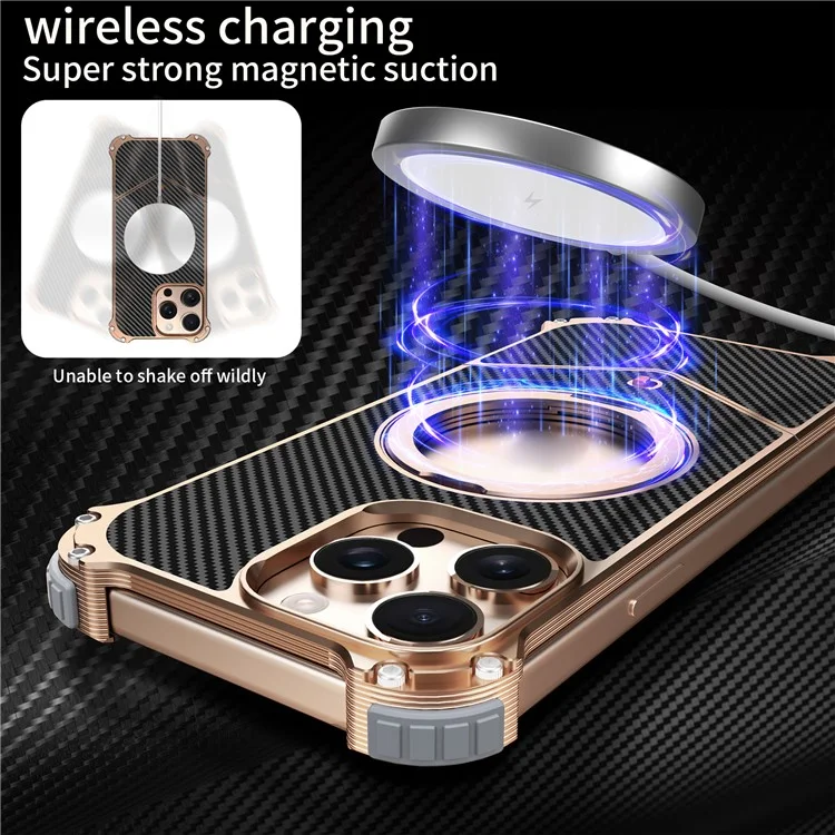 Magnetische Hülle für iPhone 15 Pro Max mit Karbonfaser-Textur, PU + Metallrahmenlos, Rückseite mit Ständer - Gold
