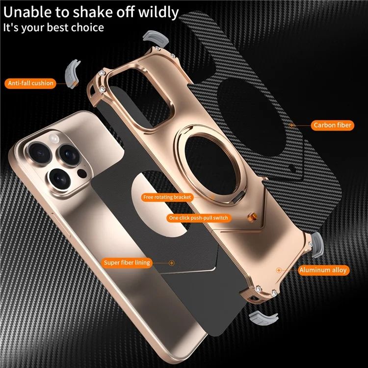 Magnetische Hülle für iPhone 15 Pro Max mit Karbonfaser-Textur, PU + Metallrahmenlos, Rückseite mit Ständer - Gold