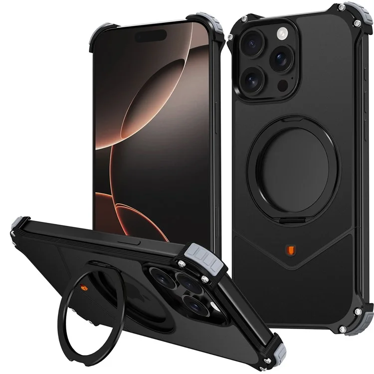 Für iPhone 15 Pro Max Hülle PC + Metall Rahmenlose Handyrückseite mit Ständer - Schwarz