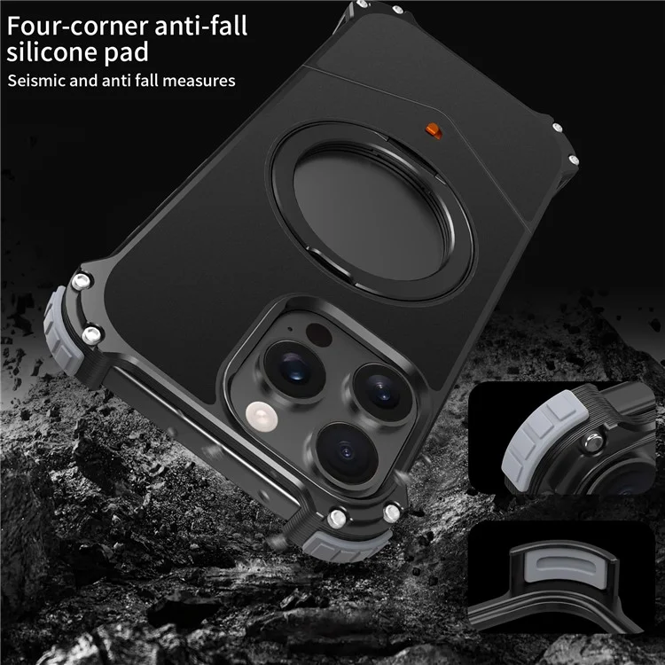 Für iPhone 15 Pro Max Hülle PC + Metall Rahmenlose Handyrückseite mit Ständer - Schwarz