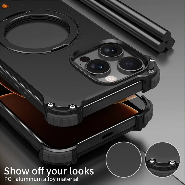 Für iPhone 15 Pro Max Hülle PC + Metall Rahmenlose Handyrückseite mit Ständer - Schwarz