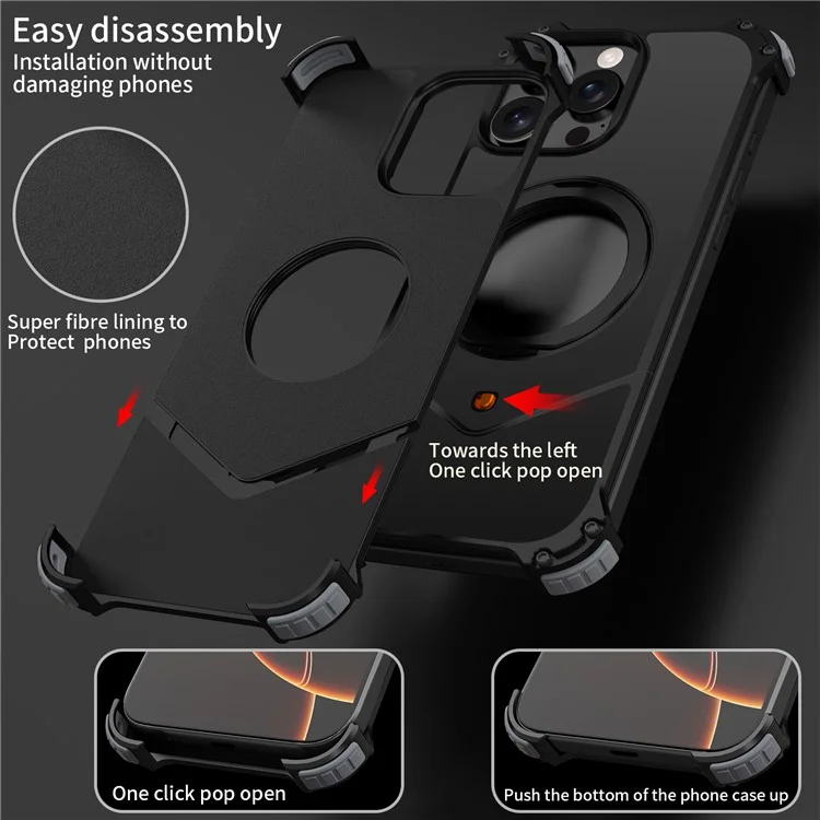 Für iPhone 15 Pro Max Hülle PC + Metall Rahmenlose Handyrückseite mit Ständer - Schwarz