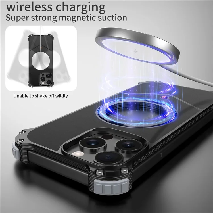 Für iPhone 15 Pro Max Hülle PC + Metall Rahmenlose Handyrückseite mit Ständer - Schwarz