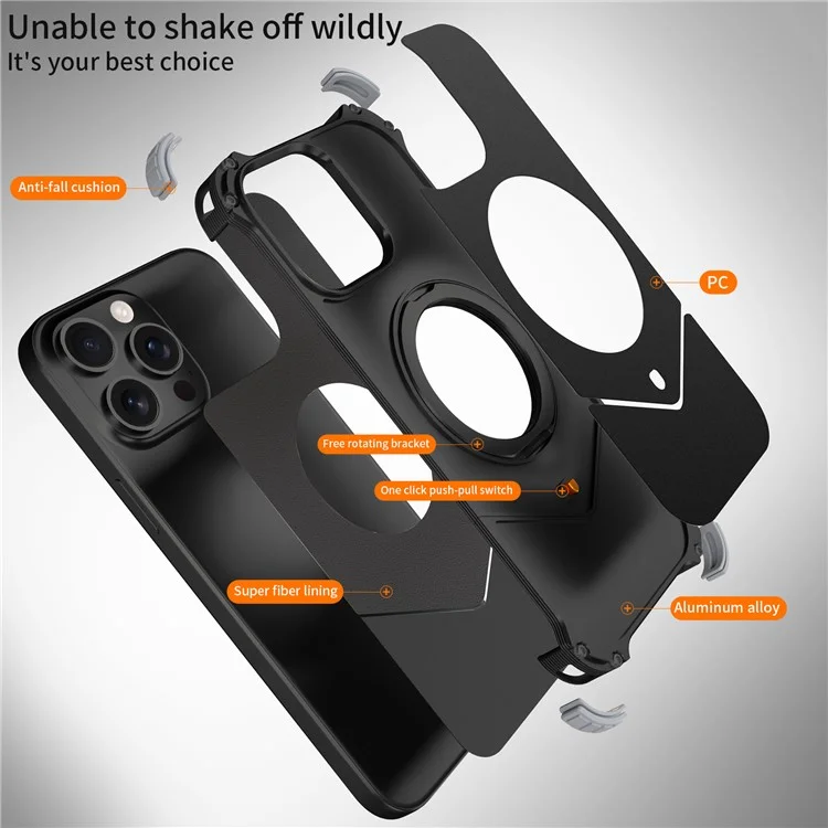 Für iPhone 15 Pro Max Hülle PC + Metall Rahmenlose Handyrückseite mit Ständer - Schwarz
