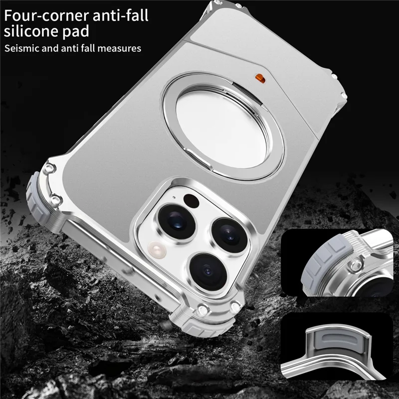 For iPhone 15 Pro Max Case PC + Metal Boardless Phone Back Cover with Kickstand - Silver