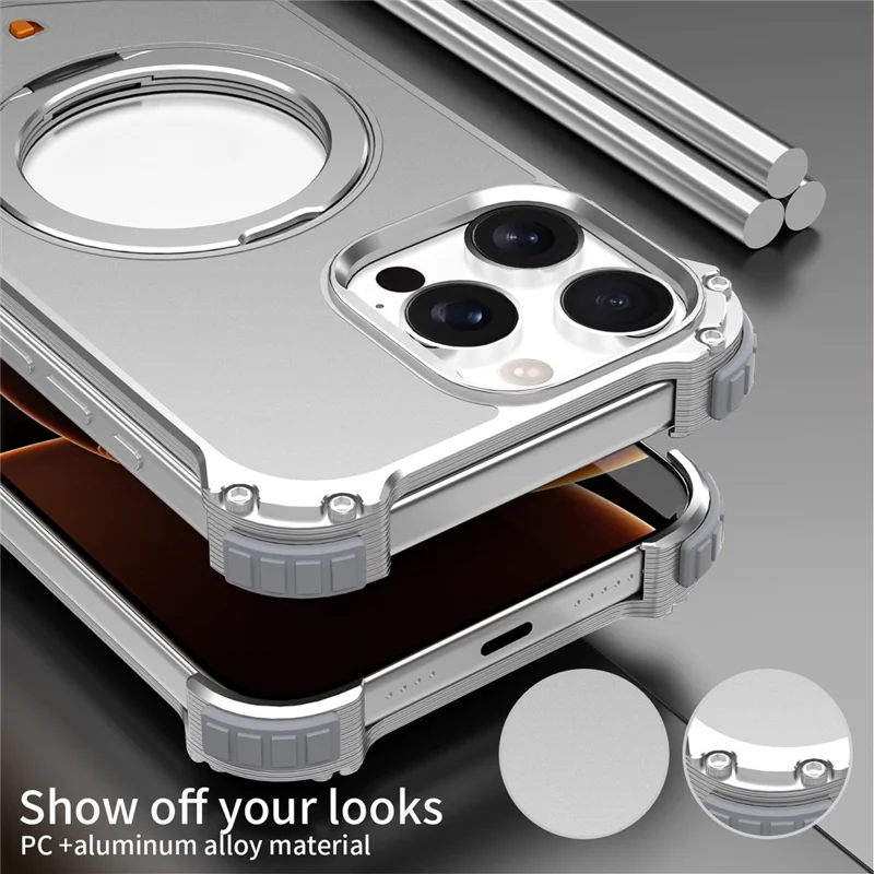 For iPhone 15 Pro Max Case PC + Metal Boardless Phone Back Cover with Kickstand - Silver