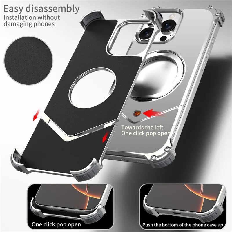 For iPhone 15 Pro Max Case PC + Metal Boardless Phone Back Cover with Kickstand - Silver