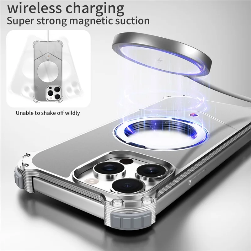 For iPhone 15 Pro Max Case PC + Metal Boardless Phone Back Cover with Kickstand - Silver