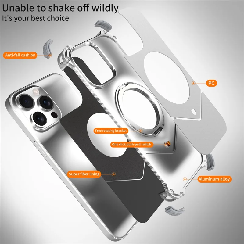 For iPhone 15 Pro Max Case PC + Metal Boardless Phone Back Cover with Kickstand - Silver