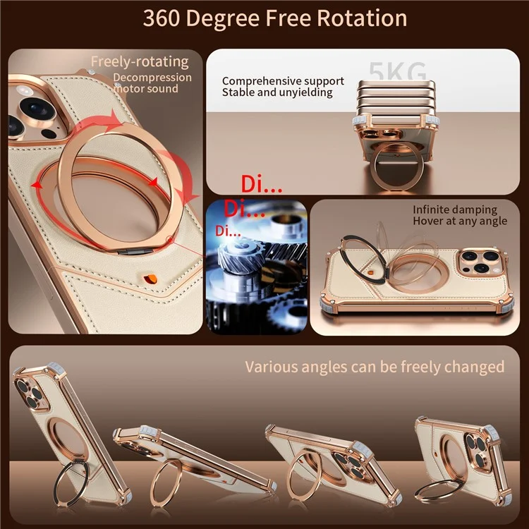For iPhone 14 Pro Max Case PU Covered Metal Boardless Phone Back Cover with Kickstand - Gold
