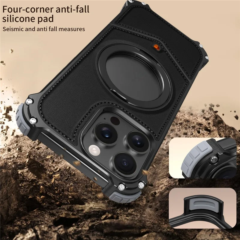 For iPhone 13 Pro Max Case PU Covered Metal Boardless Phone Back Cover with Kickstand - Black