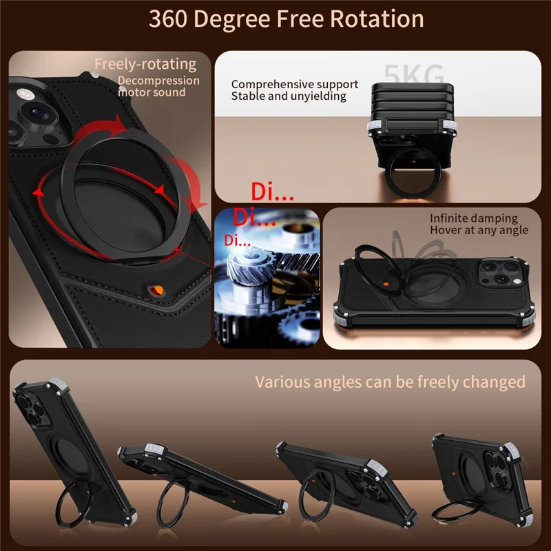 For iPhone 13 Pro Max Case PU Covered Metal Boardless Phone Back Cover with Kickstand - Black