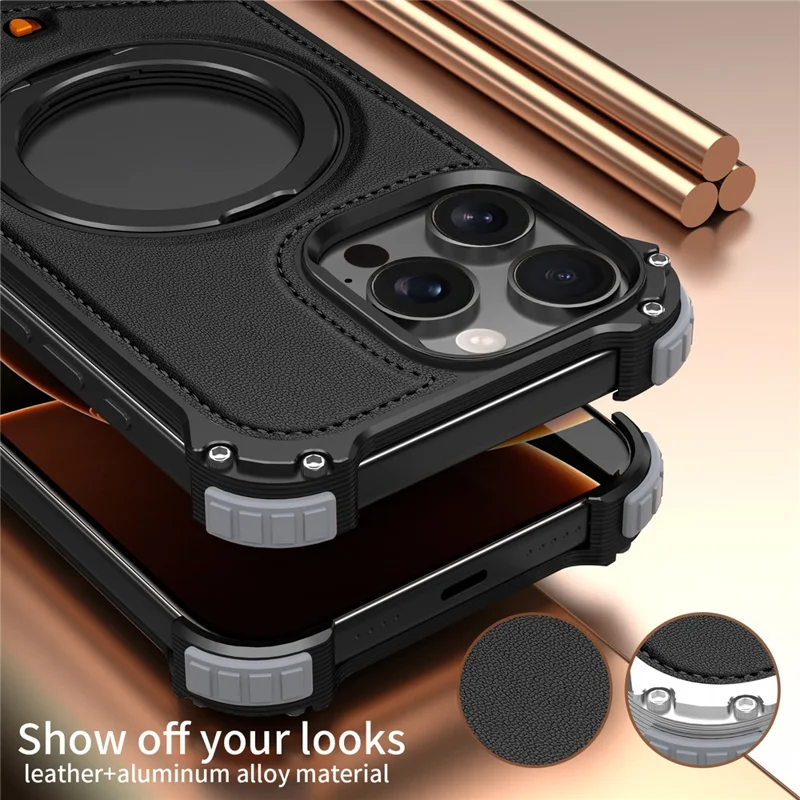 For iPhone 13 Pro Max Case PU Covered Metal Boardless Phone Back Cover with Kickstand - Black