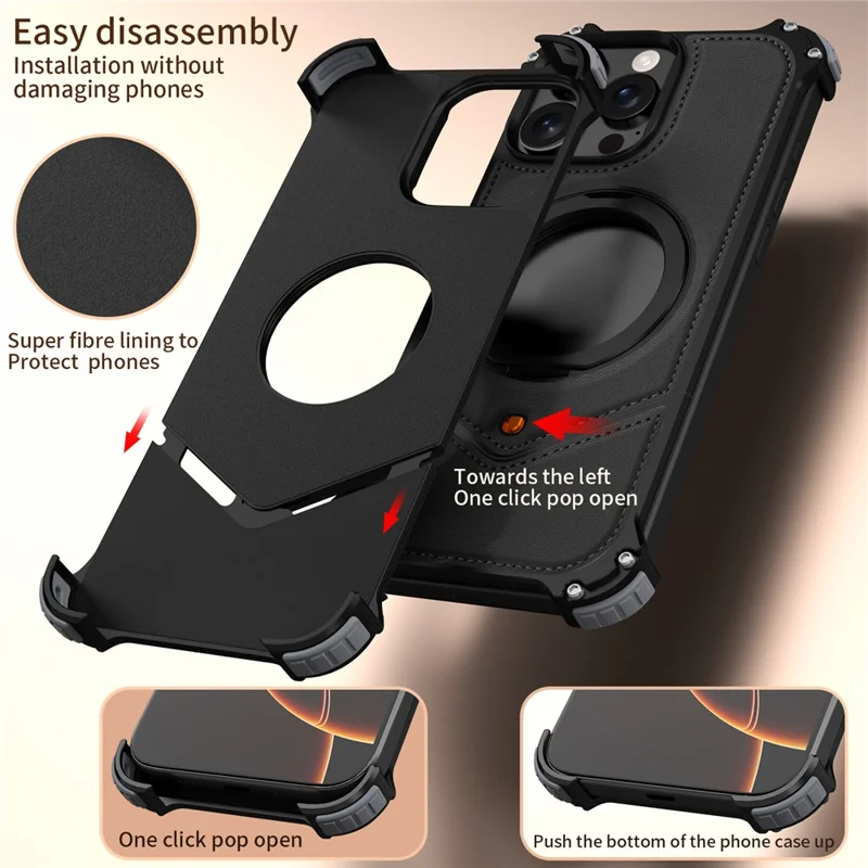 For iPhone 13 Pro Max Case PU Covered Metal Boardless Phone Back Cover with Kickstand - Black