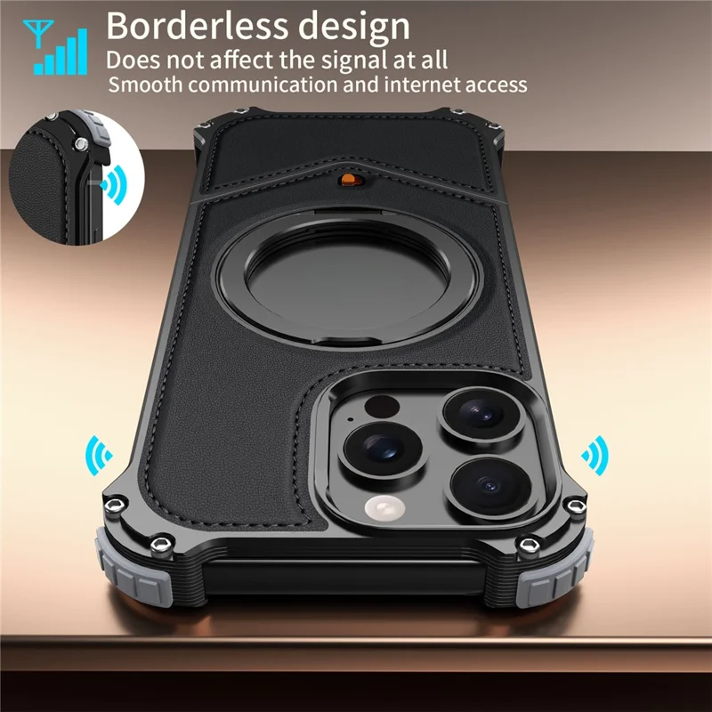 For iPhone 13 Pro Max Case PU Covered Metal Boardless Phone Back Cover with Kickstand - Black