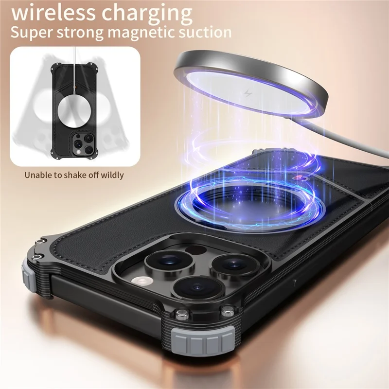 For iPhone 13 Pro Max Case PU Covered Metal Boardless Phone Back Cover with Kickstand - Black