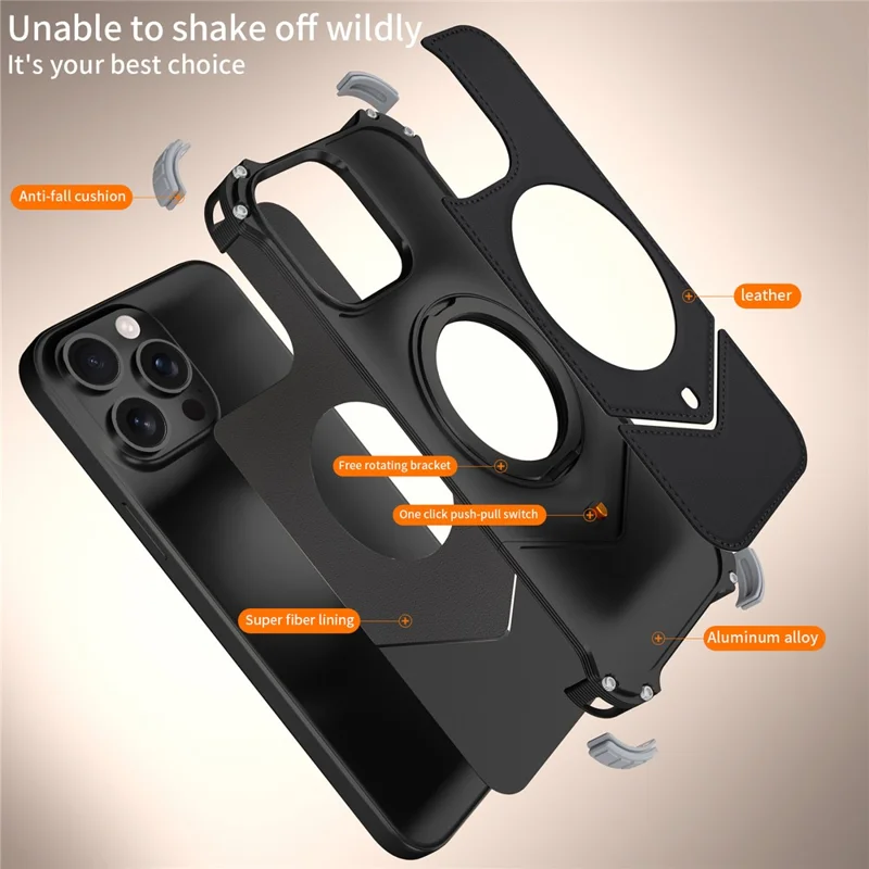 For iPhone 13 Pro Max Case PU Covered Metal Boardless Phone Back Cover with Kickstand - Black