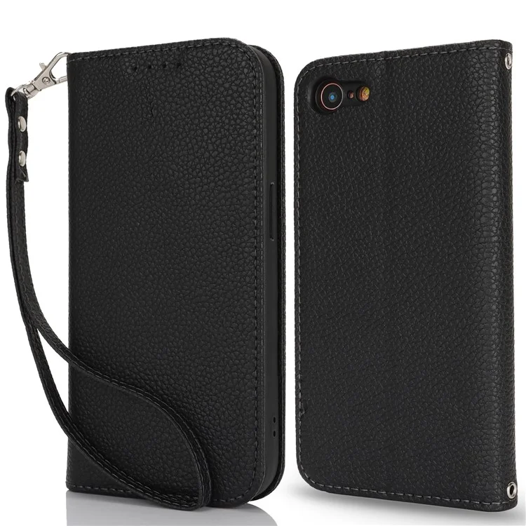 Stand Case for iPhone SE (2022) / (2020) / 8 / 7 Litchi Texture Leather Flip Phone Cover with Strap / Wallet - Black