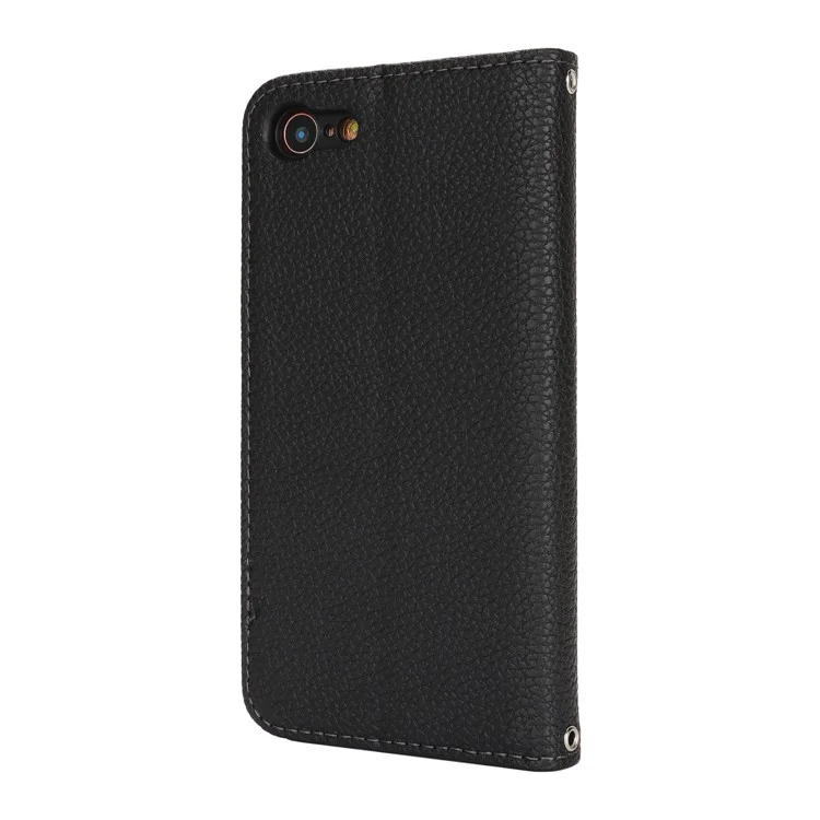 Stand Case for iPhone SE (2022) / (2020) / 8 / 7 Litchi Texture Leather Flip Phone Cover with Strap / Wallet - Black