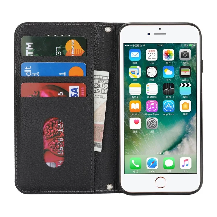 Stand Case for iPhone SE (2022) / (2020) / 8 / 7 Litchi Texture Leather Flip Phone Cover with Strap / Wallet - Black