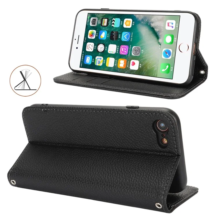 Stand Case for iPhone SE (2022) / (2020) / 8 / 7 Litchi Texture Leather Flip Phone Cover with Strap / Wallet - Black