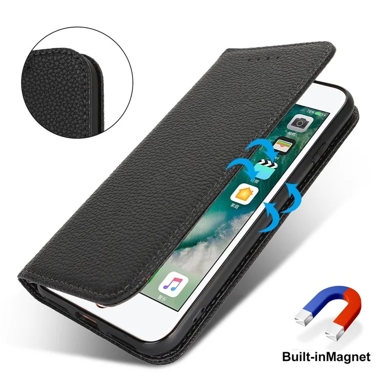 Stand Case for iPhone SE (2022) / (2020) / 8 / 7 Litchi Texture Leather Flip Phone Cover with Strap / Wallet - Black