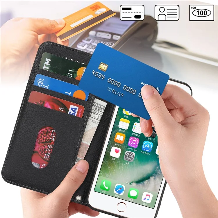 Stand Case for iPhone SE (2022) / (2020) / 8 / 7 Litchi Texture Leather Flip Phone Cover with Strap / Wallet - Black