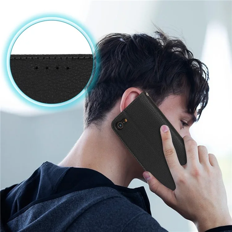 Stand Case for iPhone SE (2022) / (2020) / 8 / 7 Litchi Texture Leather Flip Phone Cover with Strap / Wallet - Black