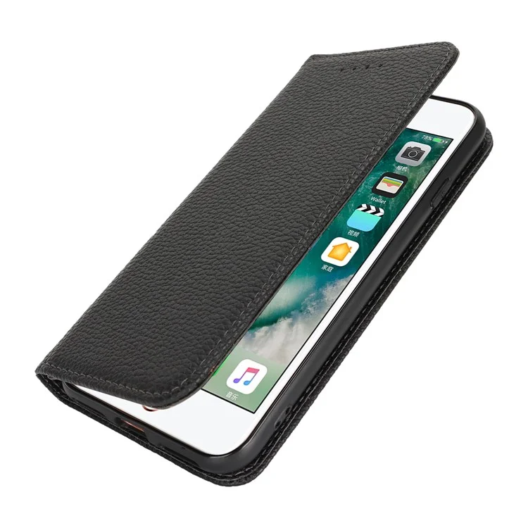 Stand Case for iPhone SE (2022) / (2020) / 8 / 7 Litchi Texture Leather Flip Phone Cover with Strap / Wallet - Black