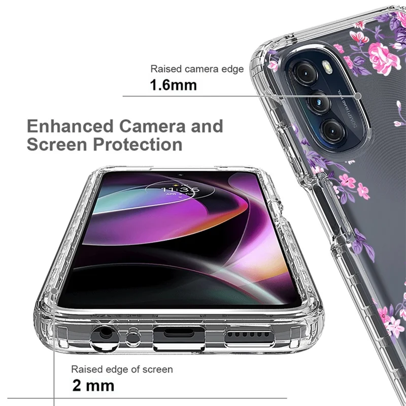 Transparent PC Frame + TPU Phone Case For Motorola Moto G 5G 2022, 2-in-1 Stylish Pattern Printing Cell Phone Protective Back Cover - Flower