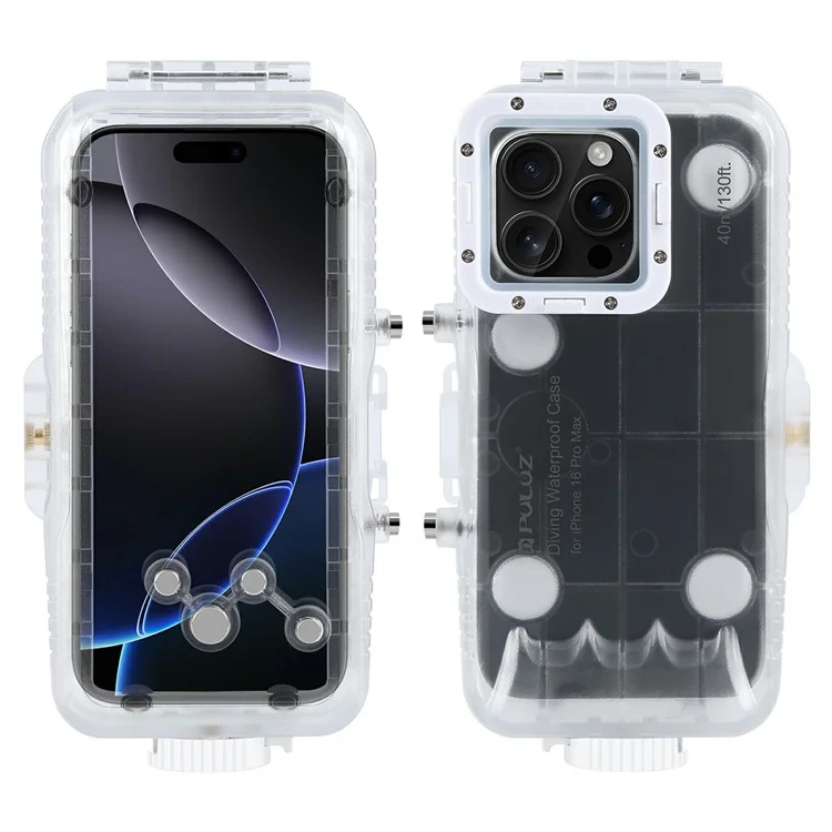 PULUZ PU9118 Per iPhone 16 Pro Max Vetro Temperato + Cover PC Impermeabile 40m Custodia Subacquea per Immersioni