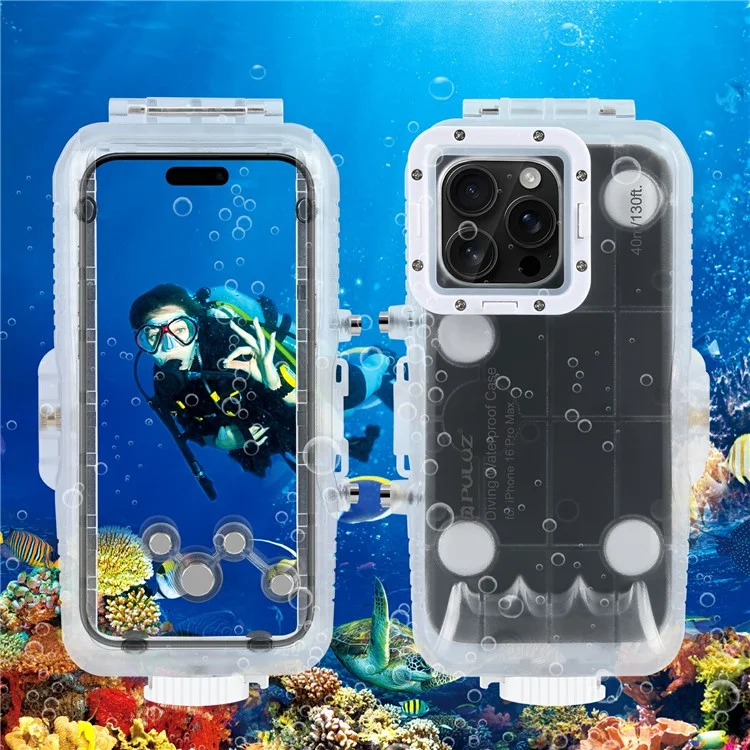 PULUZ PU9118 Per iPhone 16 Pro Max Vetro Temperato + Cover PC Impermeabile 40m Custodia Subacquea per Immersioni