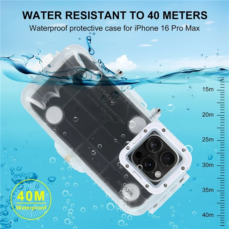 PULUZ PU9118 Per iPhone 16 Pro Max Vetro Temperato + Cover PC Impermeabile 40m Custodia Subacquea per Immersioni