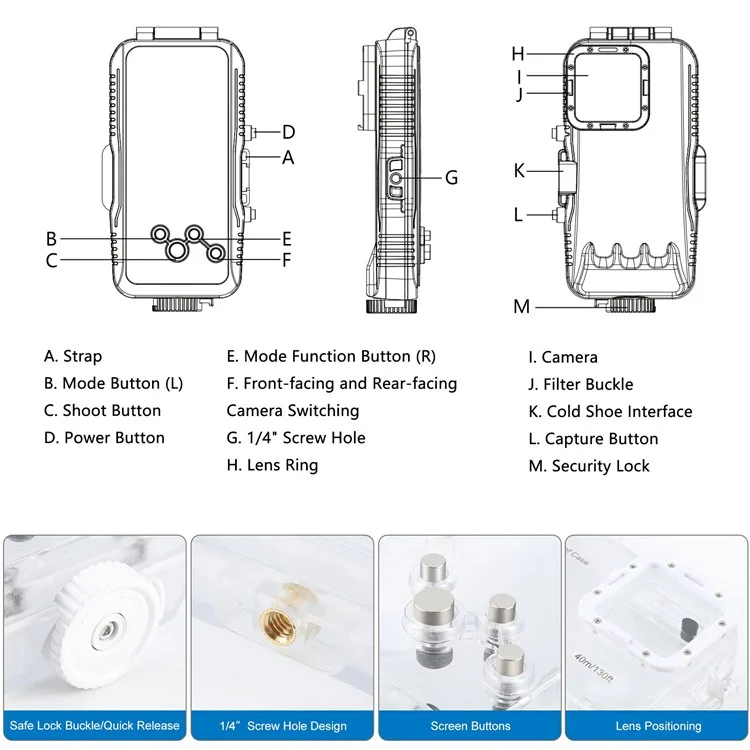 PULUZ PU9118 Per iPhone 16 Pro Max Vetro Temperato + Cover PC Impermeabile 40m Custodia Subacquea per Immersioni