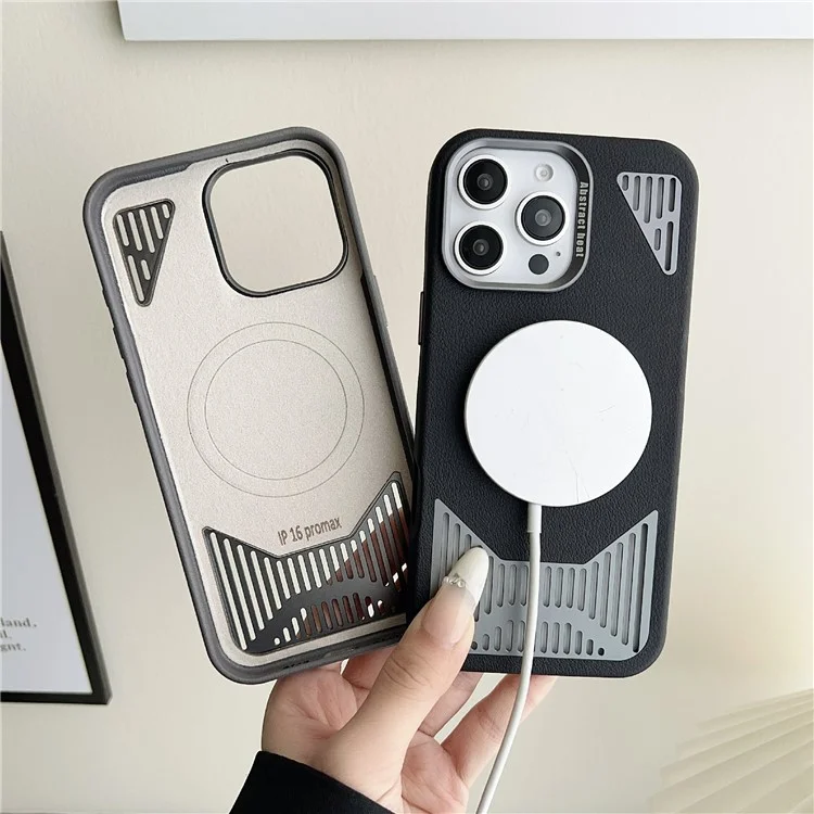 For iPhone 16 Pro Max Magnetic Case PU Leather Aluminium Alloy Heat Dissipation Phone Back Cover - Black