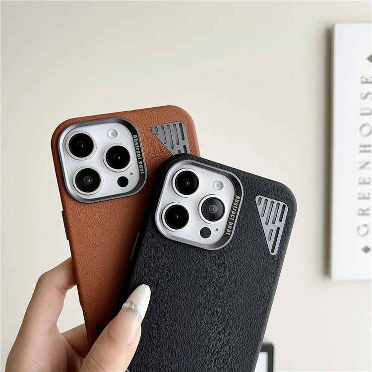 For iPhone 16 Pro Max Magnetic Case PU Leather Aluminium Alloy Heat Dissipation Phone Back Cover - Black